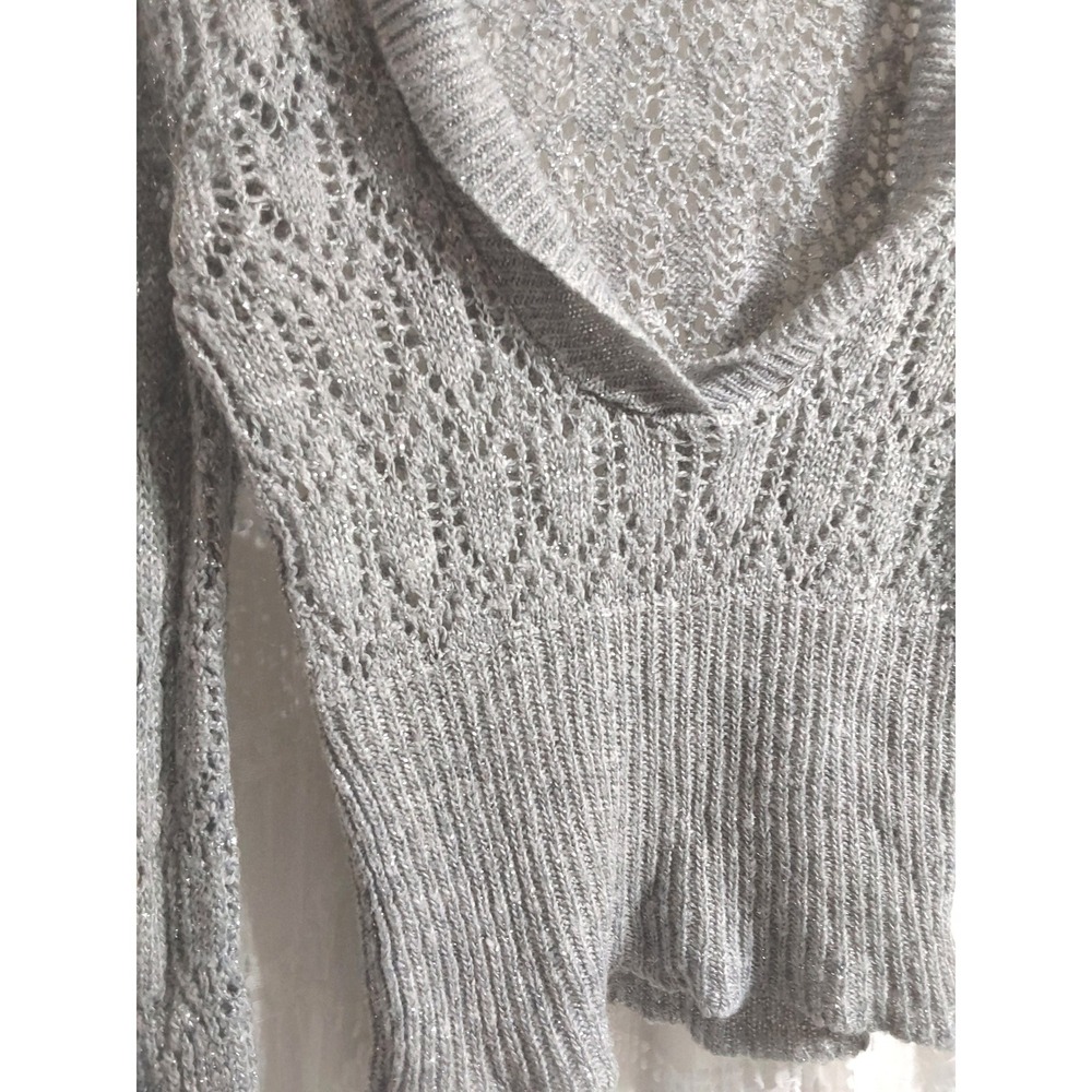 Silver Metallic Open Knit Shawl Collar Sweater Long Sleeve Glitter Top Gray - Picture 3 of 3